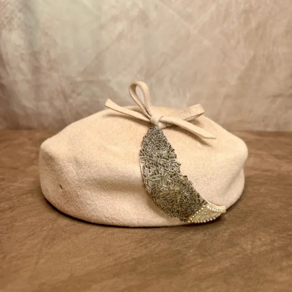 Vintage 40s Glamour Felts Tan Wool Round Pill Box Hat Beaded Bow Old Hollywood